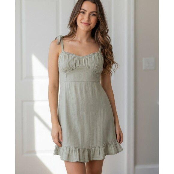 Hollister Dresses & Skirts - Hollister Size S Y2K Sundress Smocked Linen Blend Tie Straps Ruffle Boho Cottage